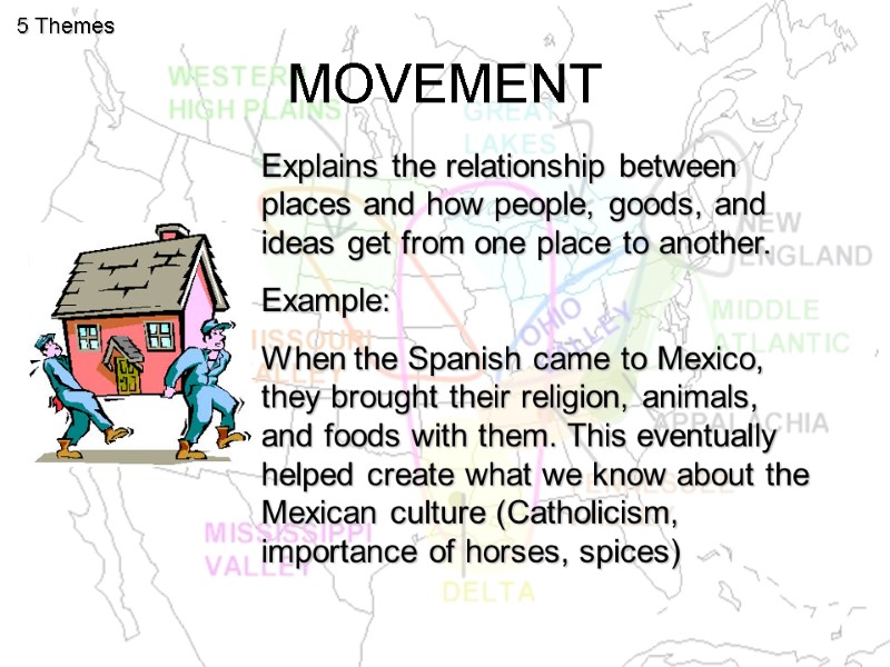 MOVEMENT 5 Themes Explains the relationship between places and how people, goods, and ideas